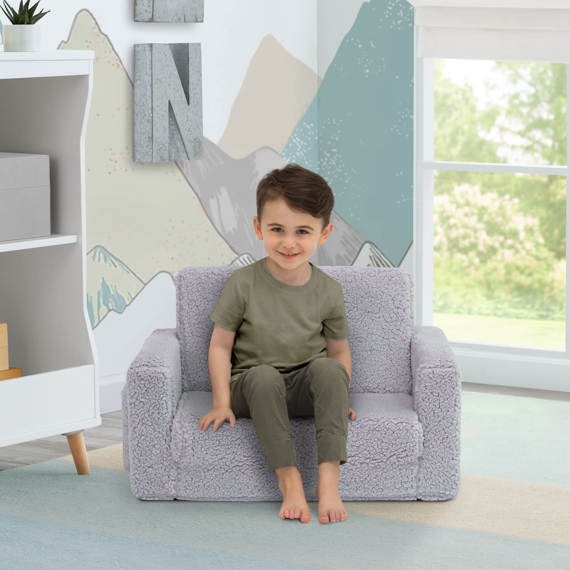 Delta Children Cozee Flip-Out Sherpa 2-In-1 Convertible Chair To Lounger For Kids, Grey